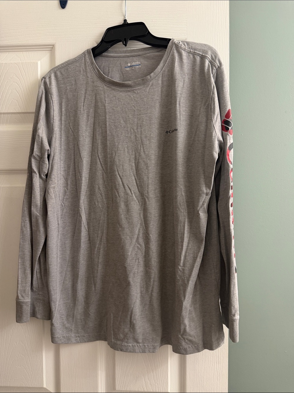 Columbia Men's Long Sleeve Crew Shirt - Gray with Red Sleeve Accent